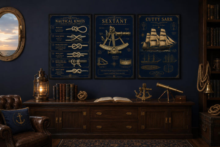 Three-piece nautical wall art set with gold illustrations of knots, a sextant, and the Cutty Sark.