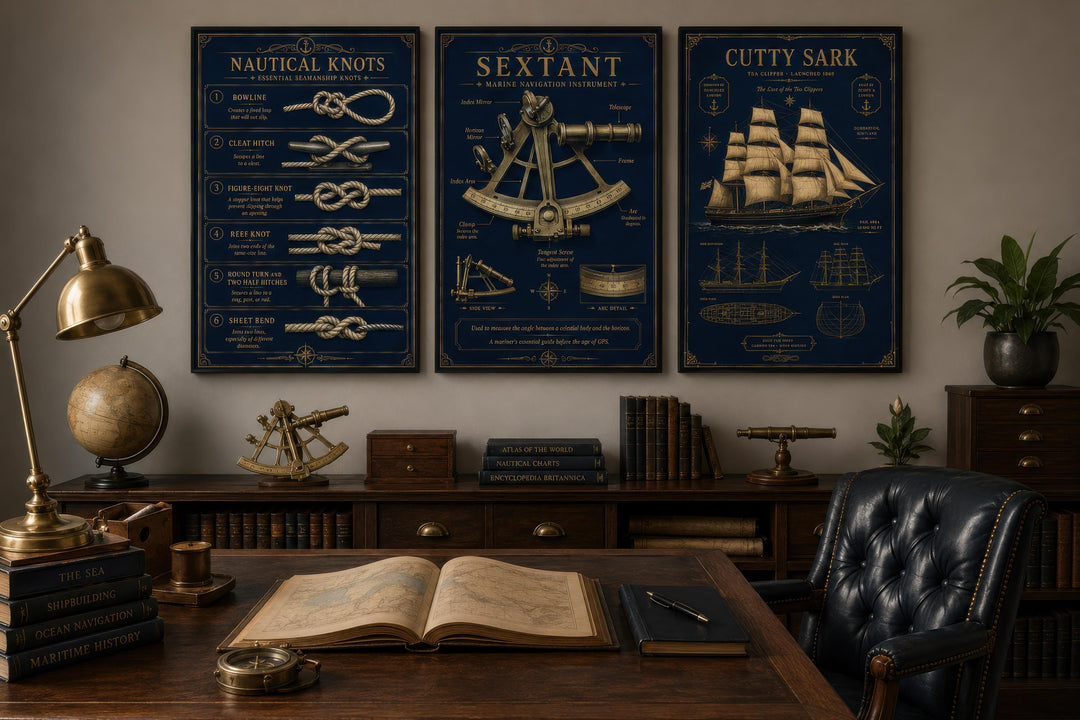 Three-piece nautical wall art set with gold knots, sextant, and tall ship on navy canvas.
