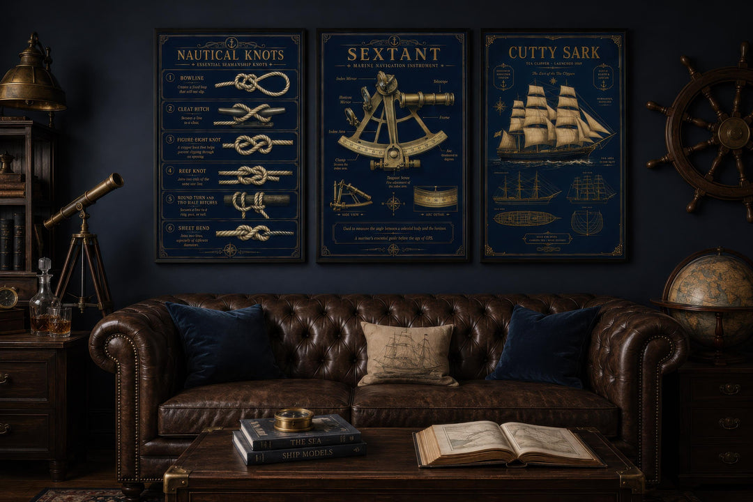 Three-piece nautical wall art set with gold illustrations of knots, a sextant, and the Cutty Sark.