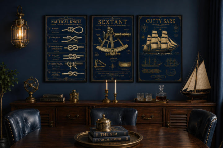 Three-piece nautical wall art set with gold illustrations of knots, a sextant, and the Cutty Sark.