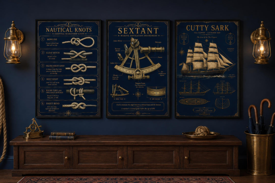 Three-piece nautical wall art set with gold illustrations of knots, a sextant, and the Cutty Sark.