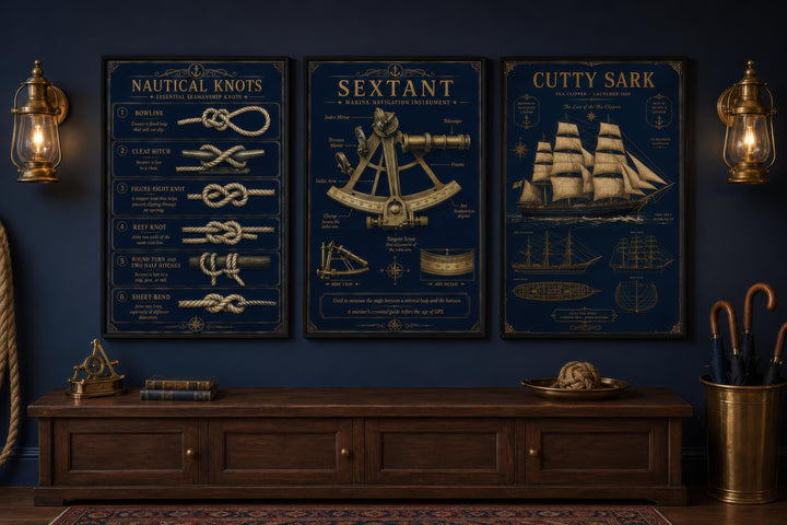 Three-piece nautical wall art set with gold illustrations of knots, a sextant, and the Cutty Sark.