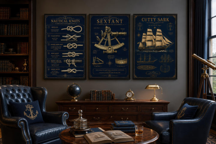 Three-piece nautical wall art set with gold illustrations of knots, a sextant, and the Cutty Sark.