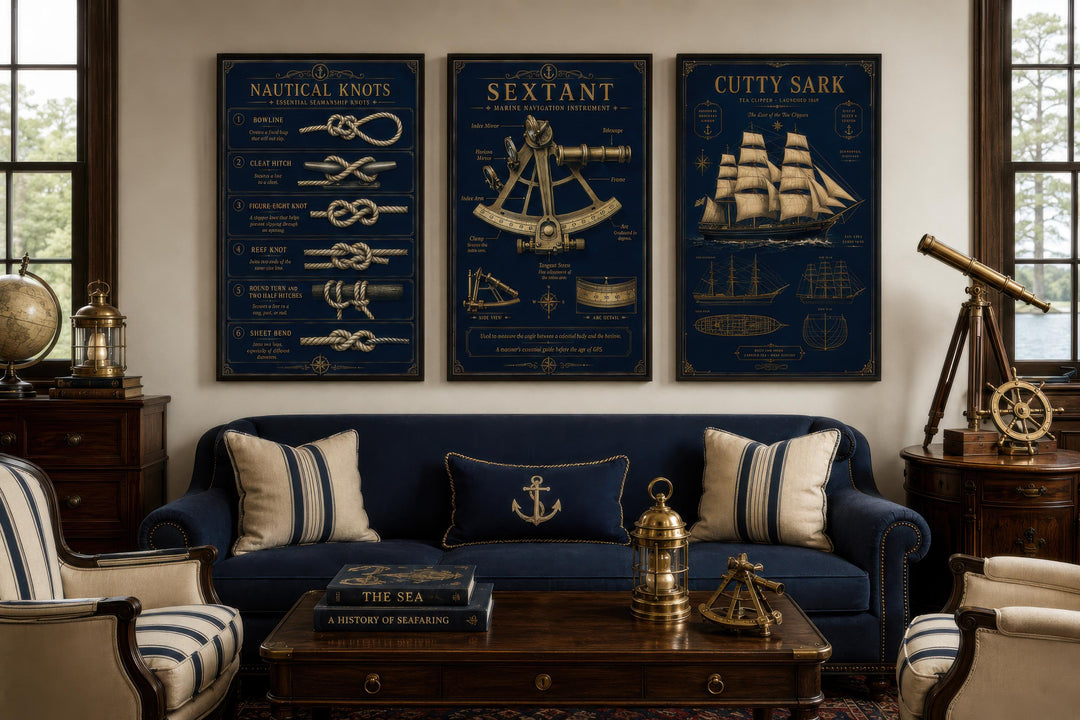 Three-piece nautical wall art set with gold illustrations of knots, a sextant, and the Cutty Sark.