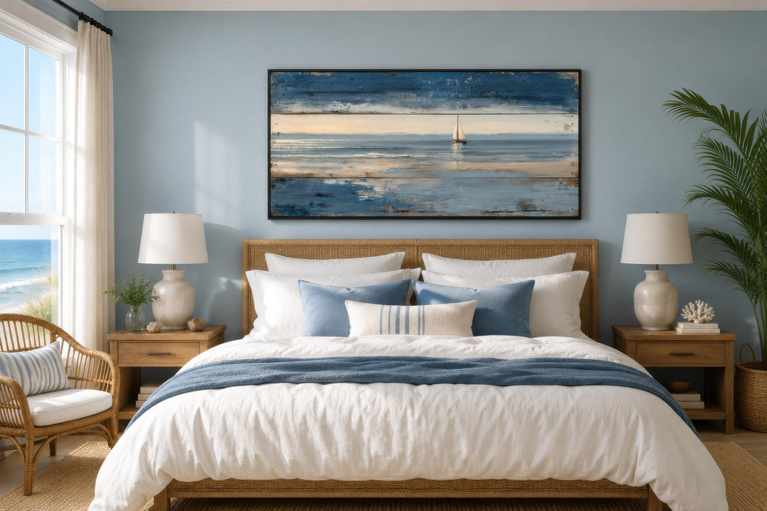 Lone sailboat canvas print with a distressed wood look above a bed in a coastal-themed bedroom.