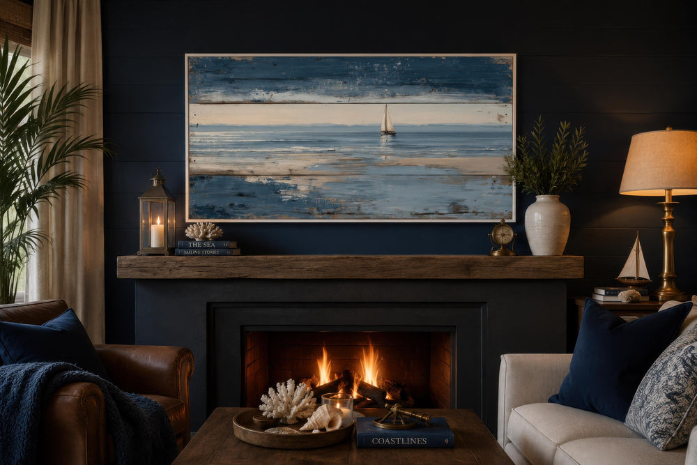 Lone sailboat canvas print with a distressed wood look hanging above a cozy fireplace.