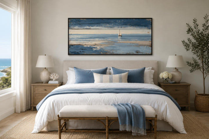 Nautical wall art featuring a lone sailboat canvas print with a distressed wood look above a bed.