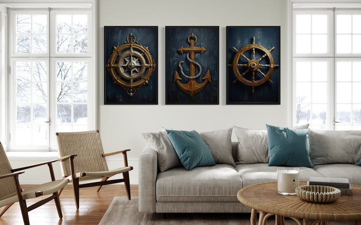 Nautical Wall Art Set of Three Maritime Prints - Anchor, Compass, Ship's Helm Framed Canvas