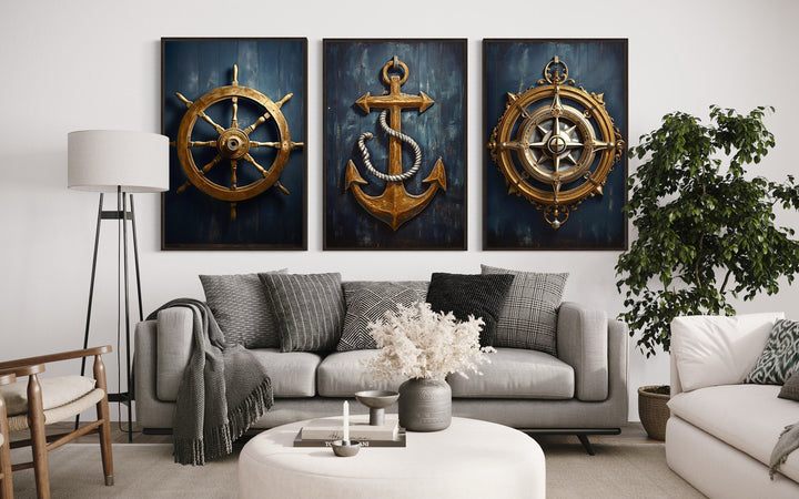 Nautical Wall Art Set of Three Maritime Prints - Anchor, Compass, Ship's Helm Framed Canvas