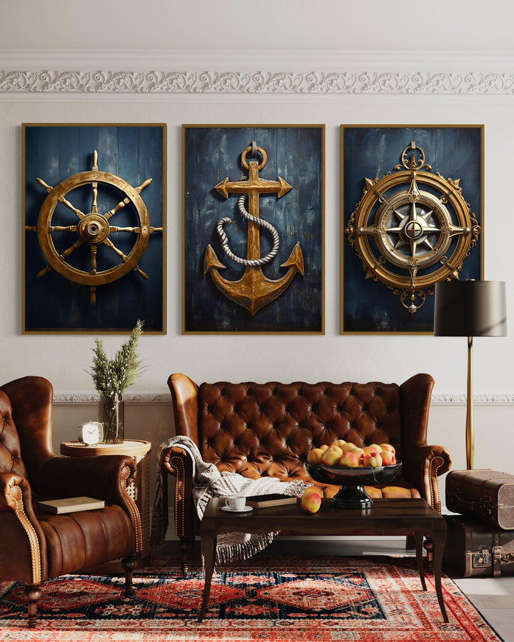 Nautical Wall Art Set of Three Maritime Prints - Anchor, Compass, Ship's Helm Framed Canvas