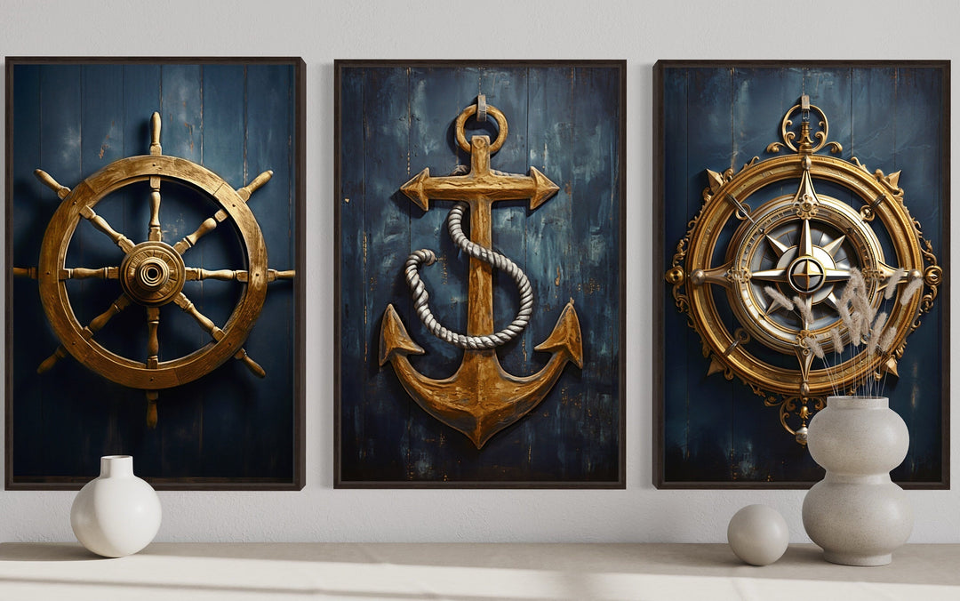 Nautical Wall Art Set of Three Maritime Prints - Anchor, Compass, Ship's Helm Framed Canvas