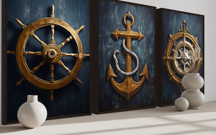 Nautical Wall Art Set of Three Maritime Prints - Anchor, Compass, Ship's Helm Framed Canvas