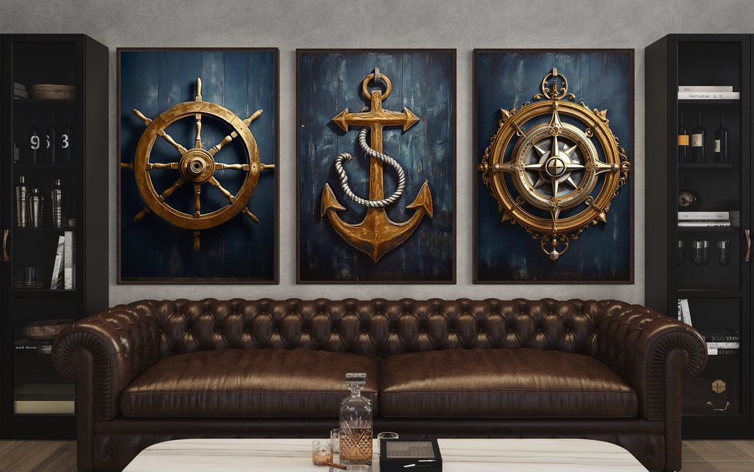 Nautical Wall Art Set of Three Maritime Prints - Anchor, Compass, Ship's Helm Framed Canvas