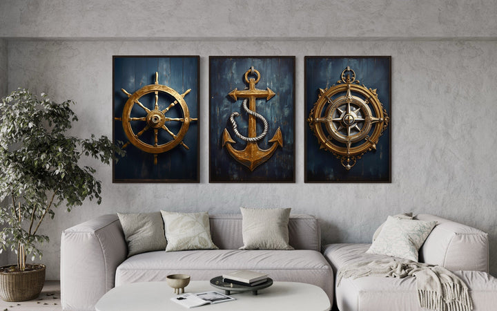 Nautical Wall Art Set of Three Maritime Prints - Anchor, Compass, Ship's Helm Framed Canvas