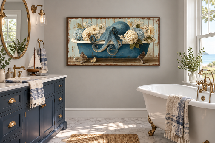 Octopus in a blue bathtub with flowers canvas wall art hanging in a coastal style bathroom.