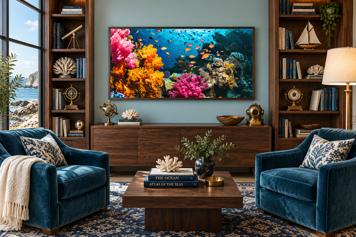 Vibrant underwater coral reef and fish photography wall art in a coastal-themed living room.