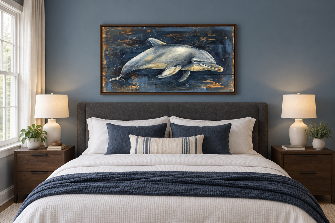 Dolphin painting on navy blue distressed wood canvas print above a bed in a nautical bedroom.