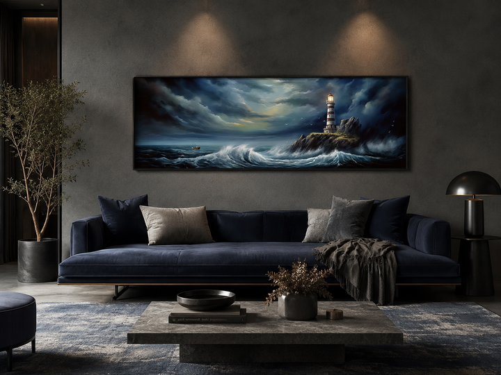 Dramatic horizontal wall art of a lighthouse in a stormy ocean above a navy blue sofa.
