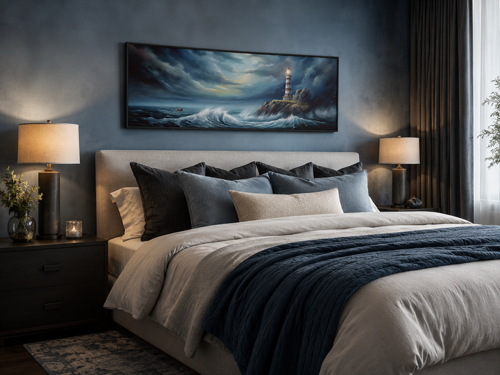 Dramatic lighthouse in stormy ocean horizontal wall art hanging above a bed in a blue bedroom.
