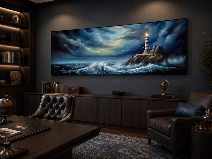 Dramatic horizontal wall art of a lighthouse in a stormy ocean above a dark wood office cabinet.