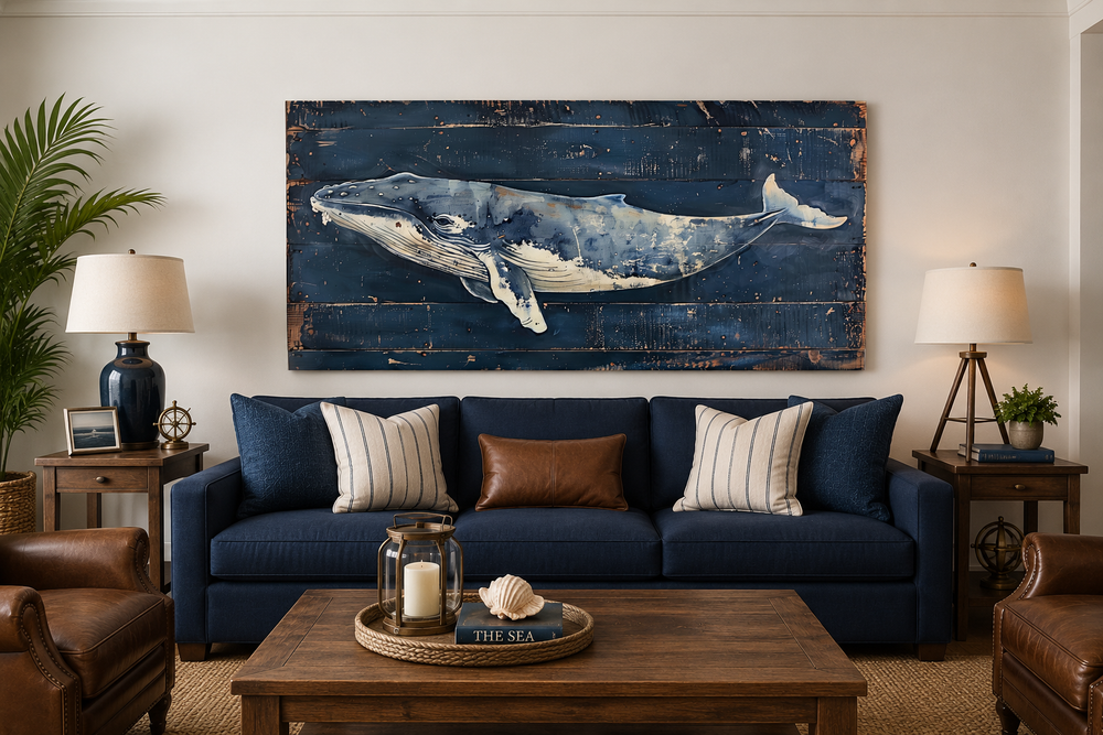 Humpback whale painting on navy blue distressed wood canvas wall art in a nautical living room.
