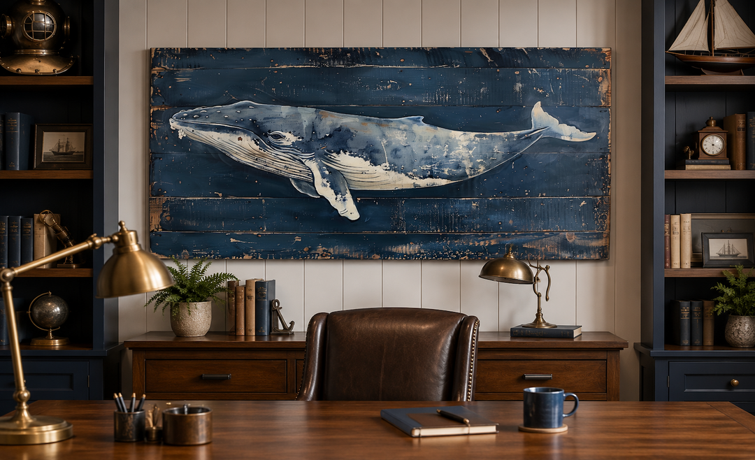 Humpback whale painting on navy blue distressed wood canvas wall art in a nautical office setting.