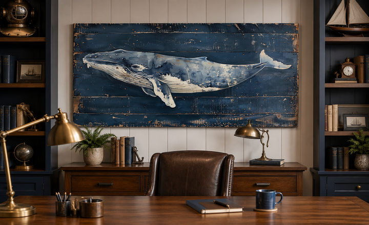 Humpback whale painting on navy blue distressed wood canvas wall art in a nautical office setting.