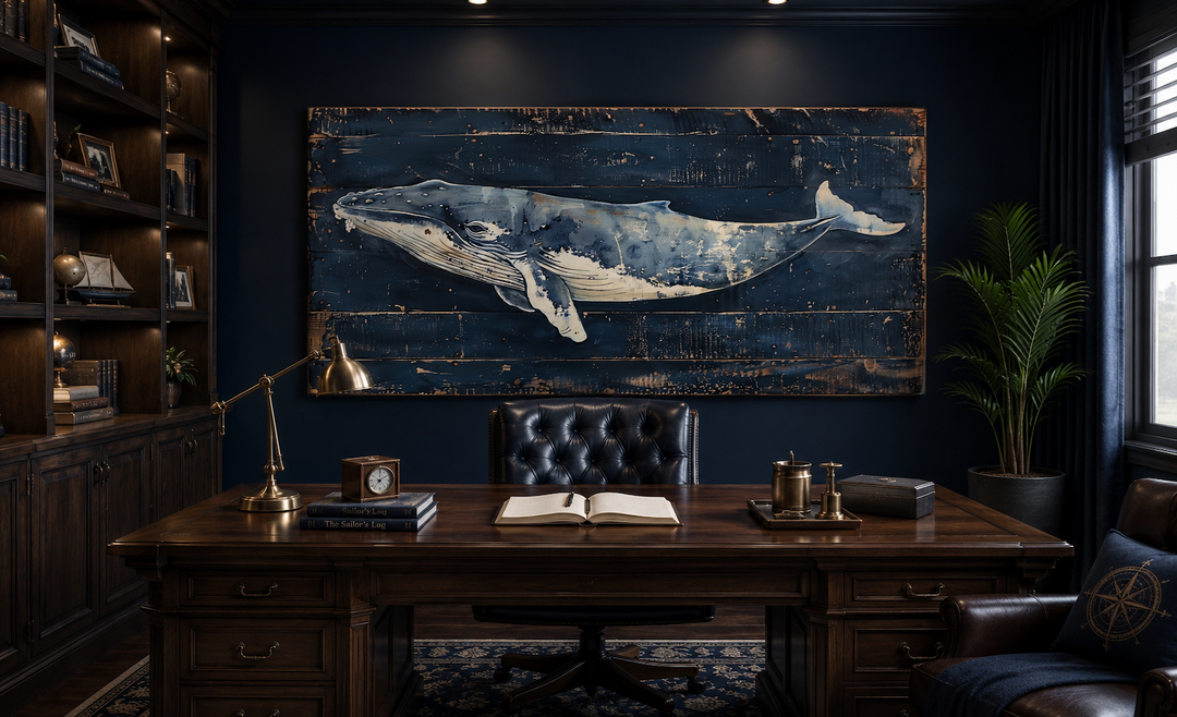 Humpback whale painting on navy blue distressed wood canvas wall art in a nautical office setting.