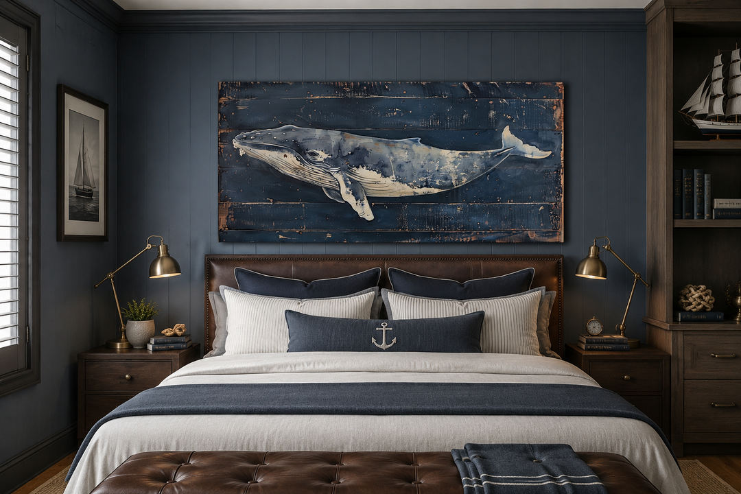 Humpback whale painting on navy blue distressed wood canvas wall art above a bed.