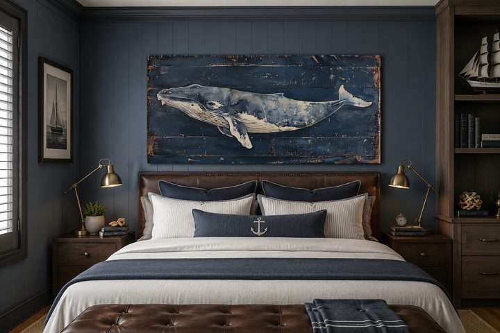 Humpback whale painting on navy blue distressed wood canvas wall art above a bed.