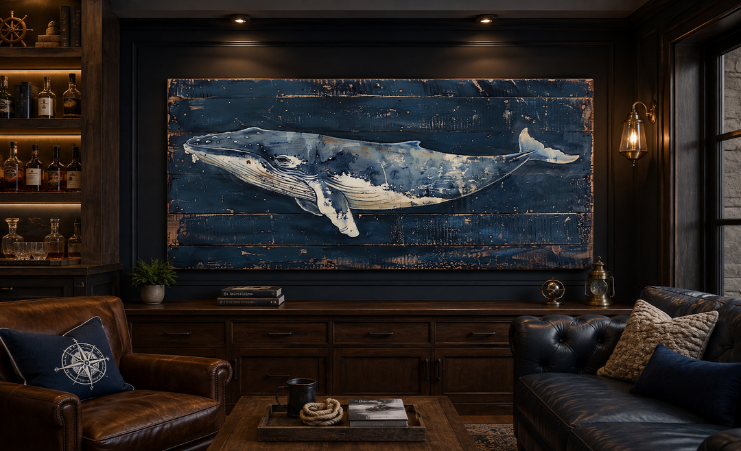 Humpback whale painting on navy blue distressed wood canvas wall art in a nautical office setting.
