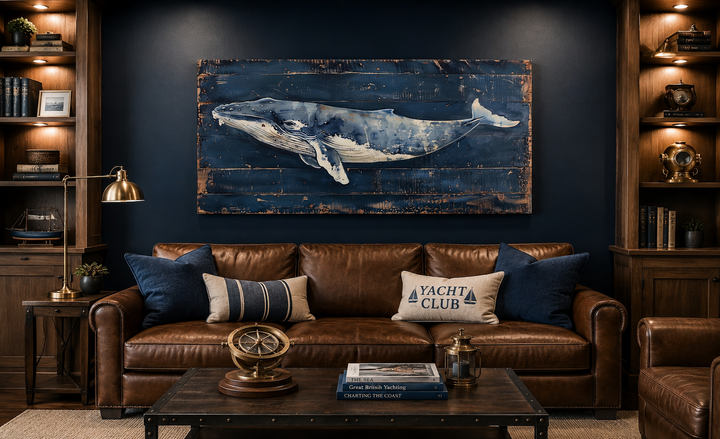 Humpback whale wall art on navy blue distressed wood canvas above a brown leather sofa.
