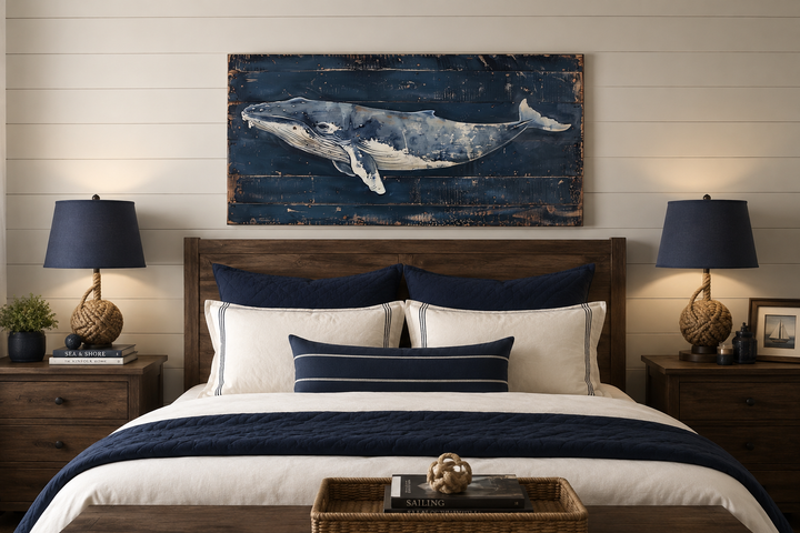 Humpback whale painting on navy blue distressed wood canvas print above a bed in a nautical room.