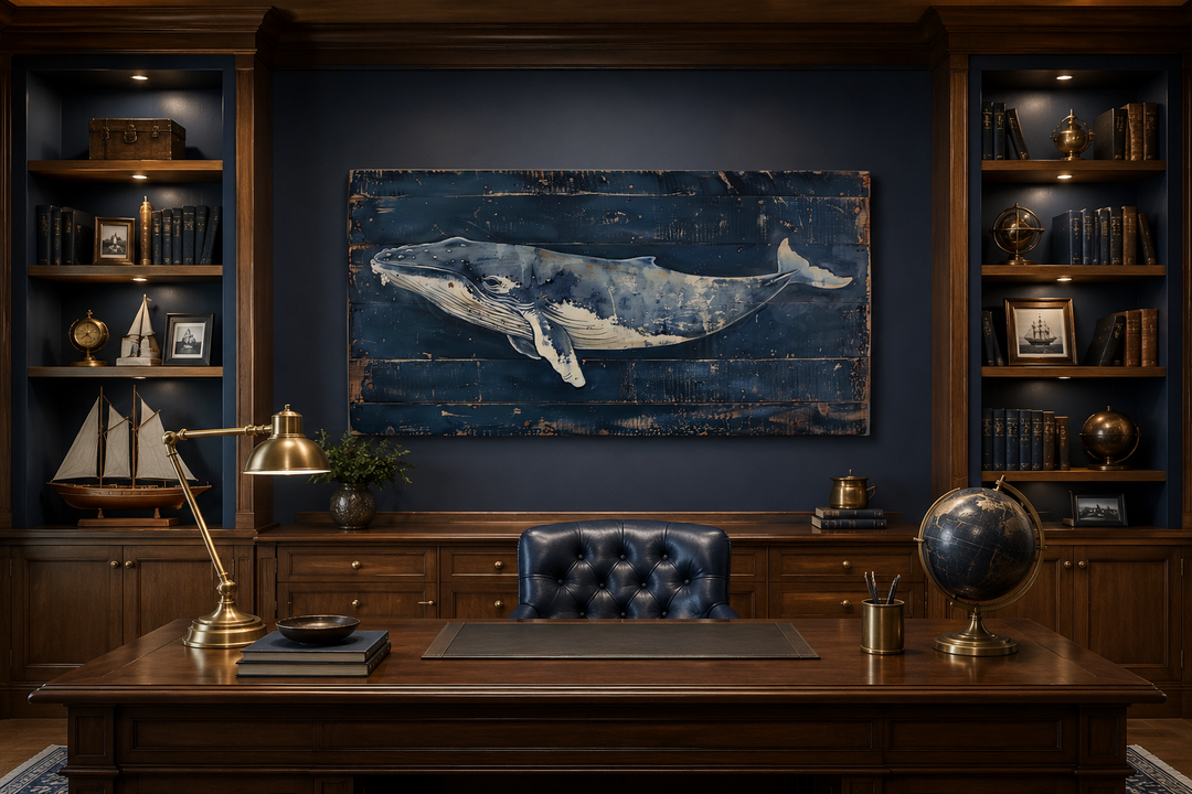 Humpback whale painting on navy blue distressed wood canvas print in a nautical office setting.