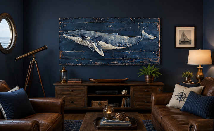 Humpback whale painting on navy blue distressed wood canvas wall art in a nautical-themed room.