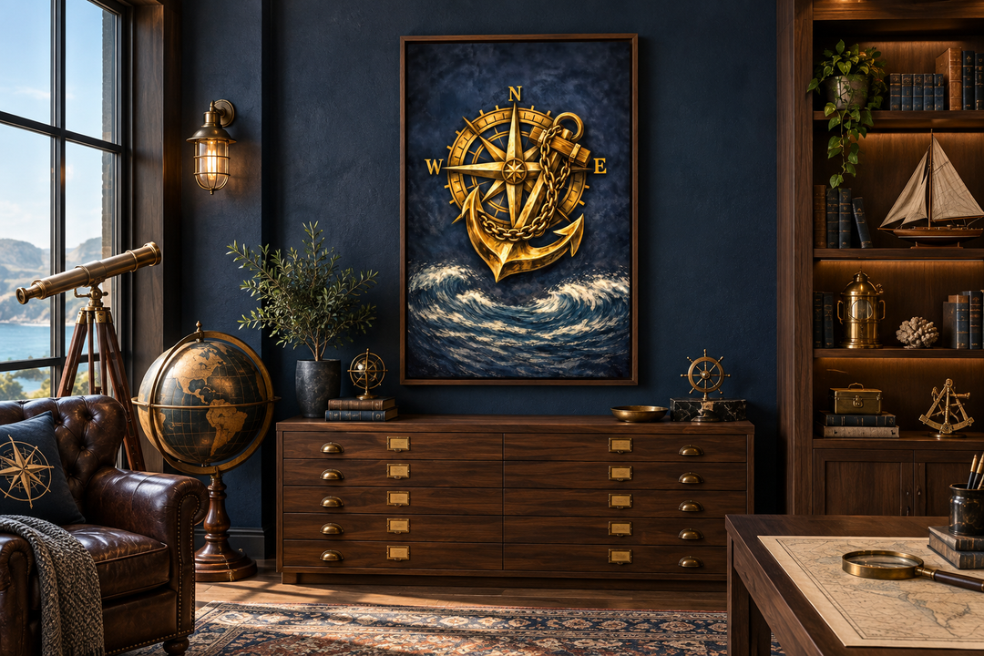 Gold compass and anchor canvas wall art with navy blue ocean waves in a nautical-themed room.