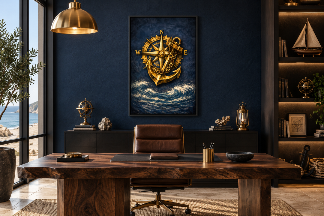 Gold compass and anchor canvas wall art above a dark wood desk in a nautical-themed office.