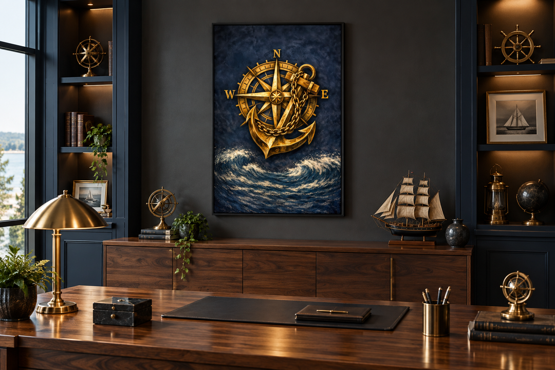 Gold compass and anchor canvas wall art above a wooden desk in a nautical-themed office.