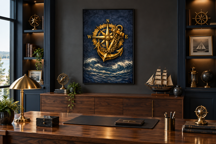 Gold compass and anchor canvas wall art above a wooden desk in a nautical-themed office.