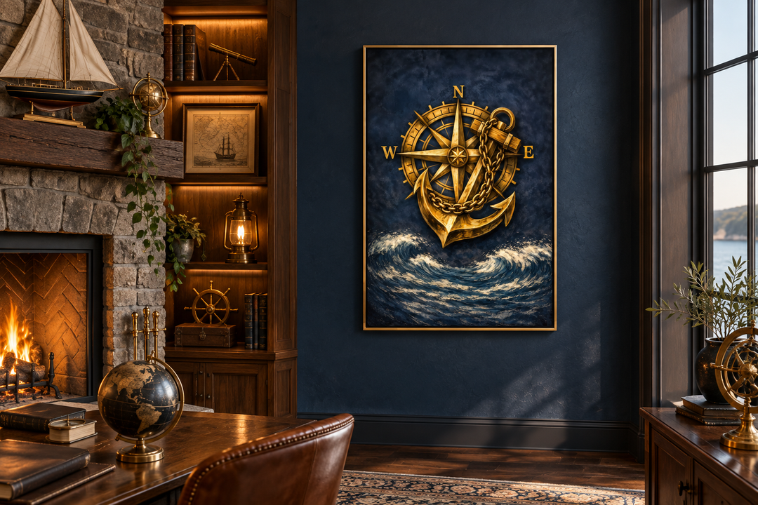 Gold compass and anchor canvas wall art hanging on a navy blue wall in a nautical-themed room.