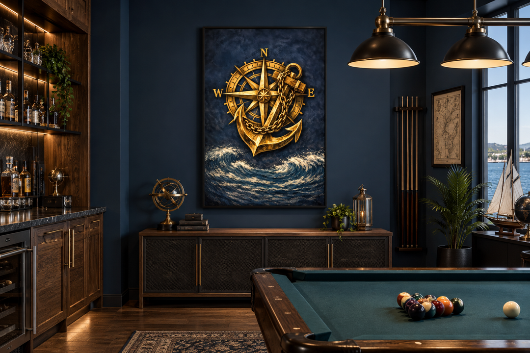 Gold compass and anchor canvas wall art in a navy blue nautical-themed room with a pool table.