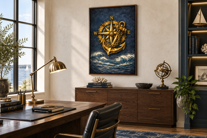 Gold compass and anchor canvas wall art on a navy blue ocean background in a home office.