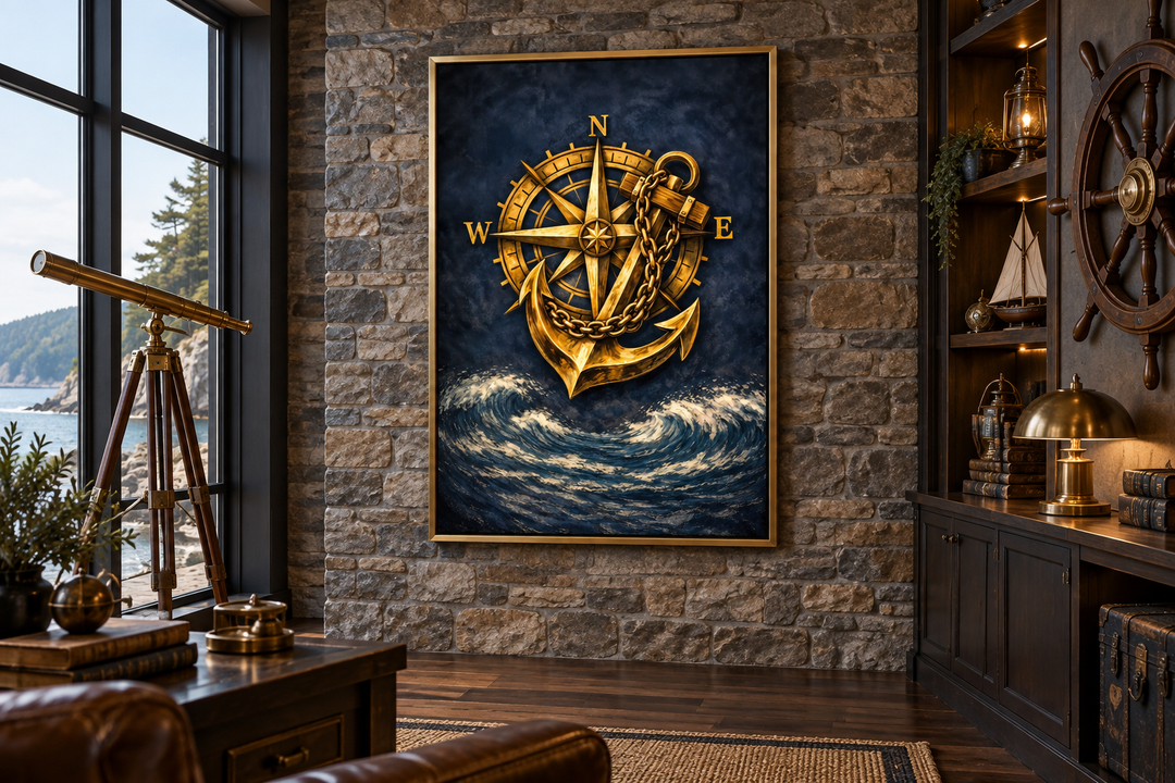 Gold compass and anchor canvas wall art on a stone wall in a nautical-themed room.