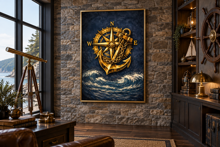 Gold compass and anchor canvas wall art on a stone wall in a nautical-themed room.