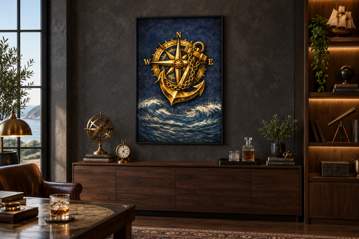 Gold compass and anchor canvas wall art over a dark wood sideboard in a nautical-themed room.