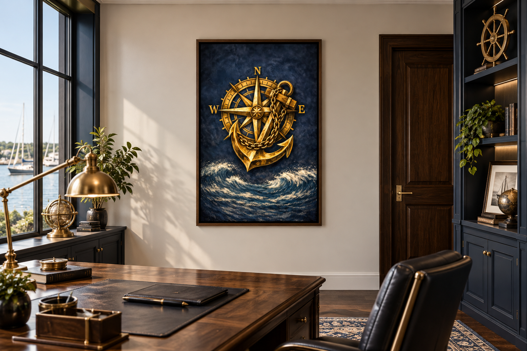 Gold compass and anchor canvas wall art on a navy blue ocean background in a nautical office.