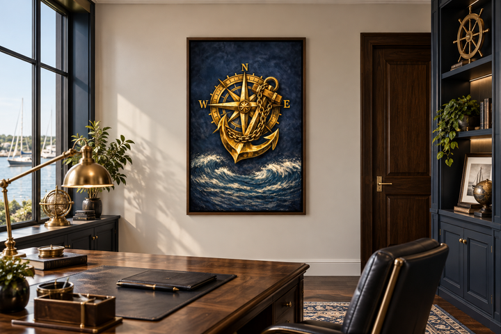 Gold compass and anchor canvas wall art on a navy blue ocean background in a nautical office.