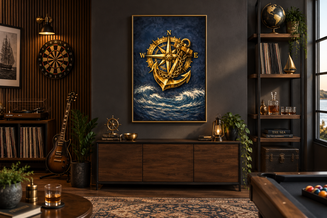 Gold compass and anchor canvas wall art over a dark wood cabinet in a nautical-themed room.