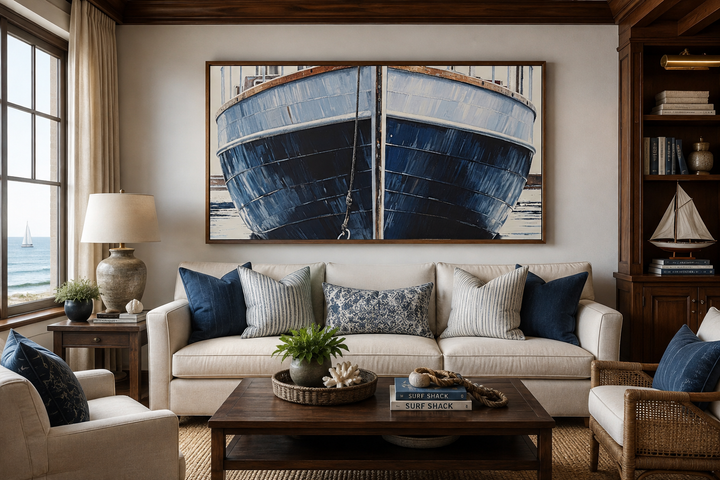 Navy blue rustic boat painting on framed canvas wall art in a coastal-style living room.