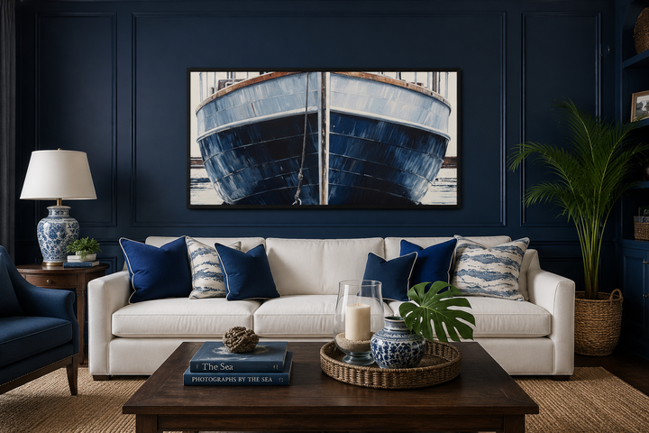 Navy blue rustic boat painting framed canvas wall art above a white sofa in a coastal living room.
